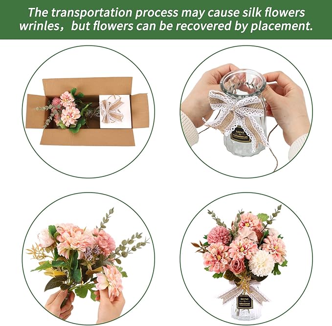 CEWOR Fake Flowers in Vase, Artificial Flowers with Vase Faux Silk Floral Arrangement Table Centerpieces Decor for Home Office Dining Farmhouse Coffee Table Living Room Bathroom Plant Decor (Pink)