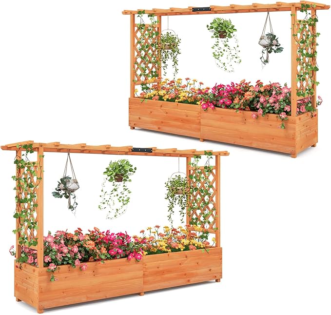 MAT EXPERT Raised Garden Bed with Trellis & Hanging Roof, Lattice Panel with Drainage Hole for Flower, Climbing Plant, Herb, Planter Box for Garden, Patio, Yard (2, 77" x 17" x 45" (L x W x H))
