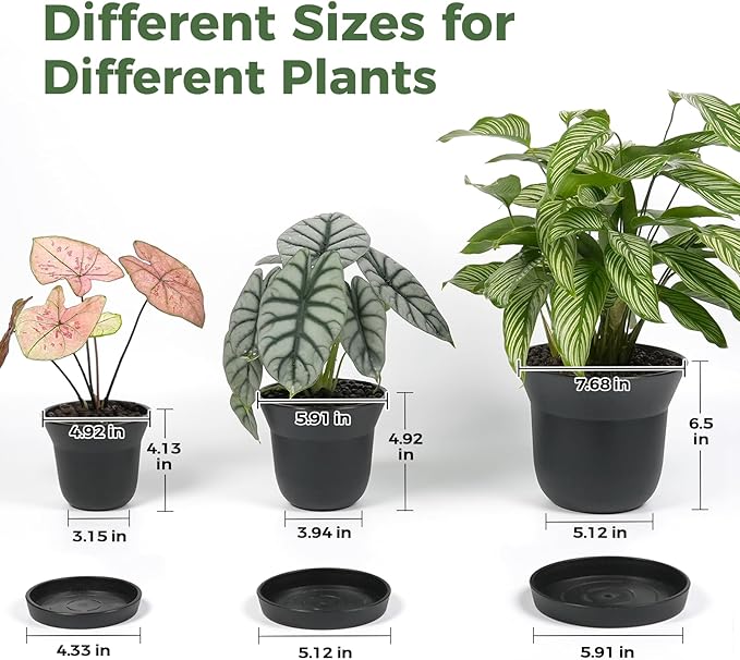 Bamworld Plant Pots Planters for Indoor Plants Flower Pots with Drainage Holes 3.5/4.9/6.3 Inch Set of 3 Plastic Planters for Outdoor Plants Garden Office Room Home Decor Textured Black