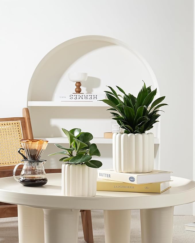 Ceramic Plant Pots,6 inch+4.7 Inch Planter Pot with Drainage Holes,Ceramic Planters for Indoor Plants,Modern Flower Pots for Indoor Outdoor Plants House & Office Décor,Cream White