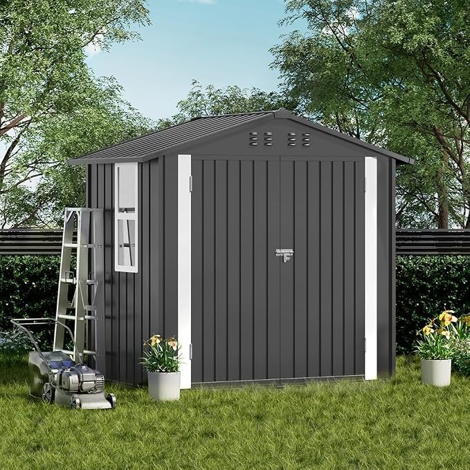 COMHOMA Shed Storage Outdoor Metal Windowed Lockable Garden Toolhouse Weatherproof Ventilated Backyard Utility Workshop(Grey,6'x4')