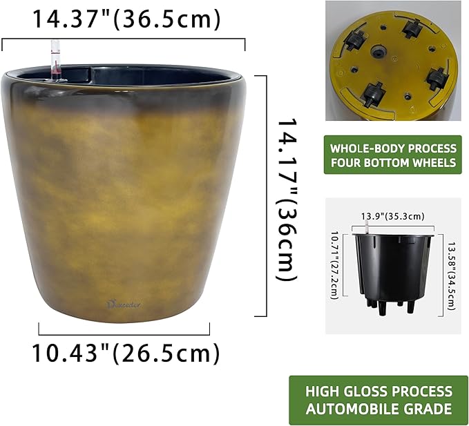 Dexceder 15x14 Self Watering Planter with Wheels (Yellow Brown Gradient) | Inner Pot Design, Thickened Large Floor Standing Flower Plant Pot with Water Level Indicator Indoor Outdoor