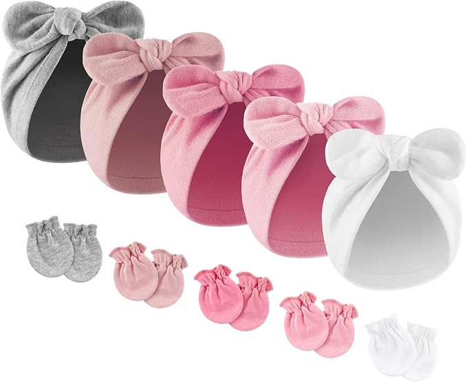 BQUBO Baby Turban Hats and Mittens Set Newborn Infant Hospital Hats Caps with Bows for Baby Boys Girls 0-12 Months