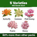 HOME GROWN Milkweed Flower Seeds - 500+ Heirloom Perennial Wildflower Seeds (5 Individual Varieties) Supports Monarch Habitat, Grows in Zones 3-11 (Asclepias syriaca)