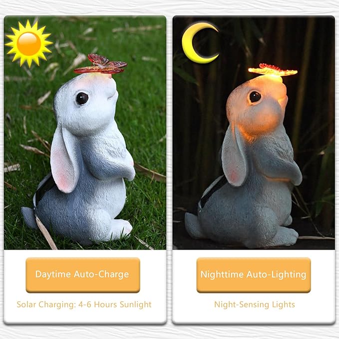 Solar Garden Statue Outdoor Decor Rabbit Figurines with LED Butterfly Lights, Bunny Statues Patio Ornament Decor for Lawn Balcony Yard, Gifts for Mum Grandmom on Birthday Mother's Day