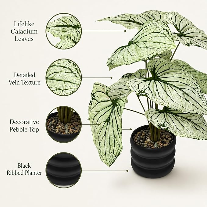 16'' Fake Plant Tall Artificial Caladium Plants Indoor with Black Planter Design, for Home Living Rooms Patios Porches Bathrooms Outdoor Decor (Green)