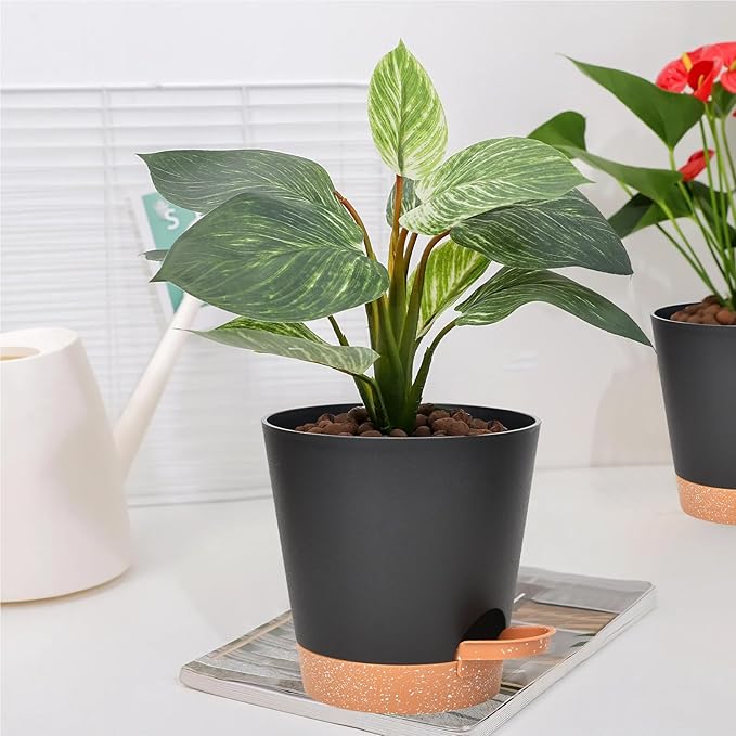 Vanslogreen Planters for Indoor Plants 7/6.5/6/5.5/5 Inch, Self Watering Flower Pots with Drainage Holes and Saucers 5 Pack Plastic Pots for Plants, Succulents, Herbs, Cactus, Flower, Black