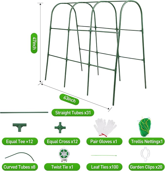 Cucumber Trellis for Raised Garden Bed,U-Shape Plant Support Metel Trellis for Climbing Plants Arch Trellis with Netting for Outdoor Cucumbers, Tomatoes, Vine Climbing Plant(63''X32''x47.2''(LxWxH))