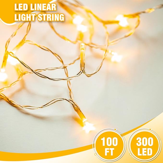 100FT Warm White String Lights – 300 LED Extra Long Waterproof Fairy Lights on Clear Wire, Plug-in Indoor Outdoor Decorations for Christmas, Wedding, Patio, Bedroom, Party