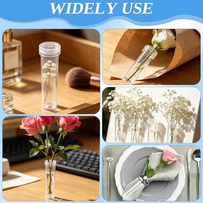 STEFORD 30 Pack Flower Water Tubes with Caps, 2.8 Inch Leak-Proof Plastic Clear Reusable Floral Water Tube for Fresh Flowers Single Stem Rose Arrangement Bouquet Accessories