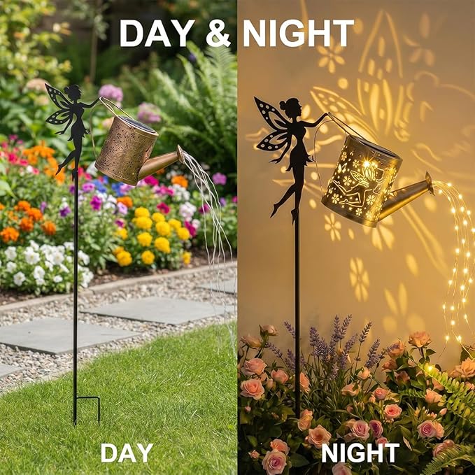 Solar Watering_Can Light, Garden Fairy Stake Lights, Featuring Metal Silhouette Garden Stake, Mother's Gift for Women, Outdoor Garden Lawn Path Yard Decor