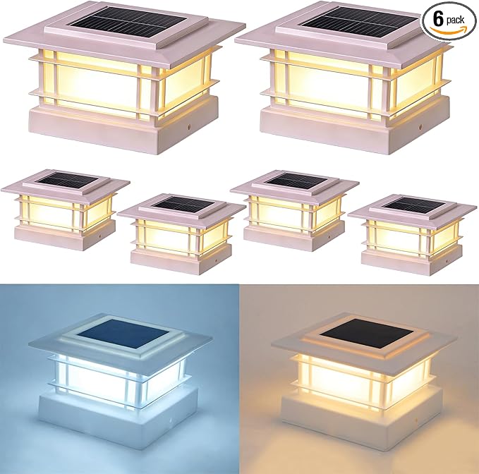 Dynaming 4x4 Solar Post Cap Lights Outdoor with 2 Color Modes, Fence Post Solar Lights White Shell Fit for 4x4 Vinyl/Wooden Posts, High Brightness LED Lighting Decor for Garden Deck Patio, 6 Pack