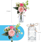 AFRITEE Flowers Bouquet in Small Vase - Pink Rose Artificial Fake Centerpiece Potted Flowers with Transparent Vase Set for House Dining Room Farmhouse Coffee Wedding Table