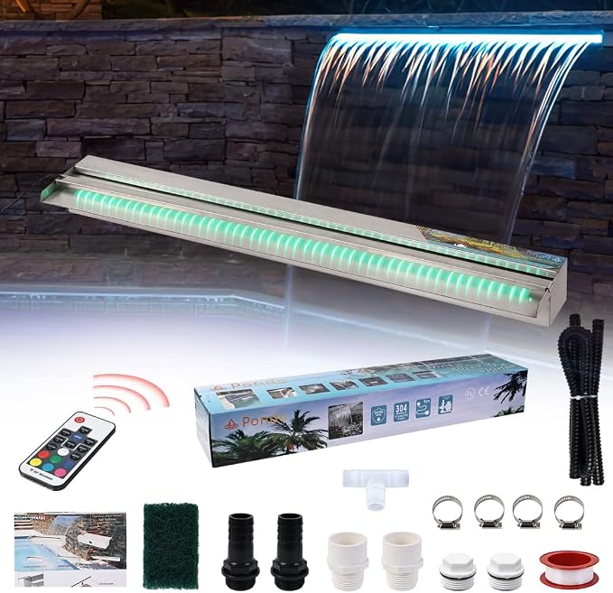 36" Water Pool Fountain 304 Stainless Steel Lighted Pool Waterfall Spillway with Wider Water Flow Platform, Multi-Color LED Strip Light with Remote Control for Indoor, Garden, Outdoor Decoration