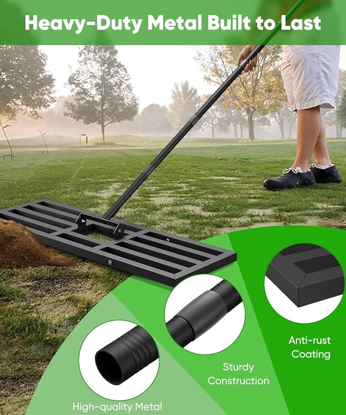 Lawn Leveling Rake 44x10 inch, Heavy Duty Reinforced Lawn Leveler Tool, Garden Landscape Rake with 77" Adjustable Handle, Yard Ground Leveler for Backyard, Garden, Golf Course, Farm, Pasture