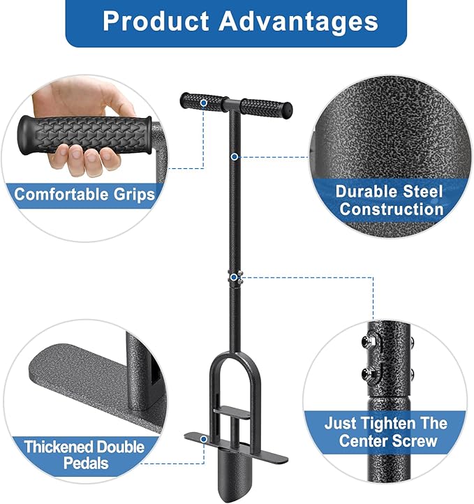 BeneLabel Grass Plugger Tool Lawn Plugger with Long Handle - Heavy Duty Steel Sod Turf Plugger Bulb Planter Tool, Soft Rubber Grip for Turf Repair, Seedling Transplant & Digging Holes