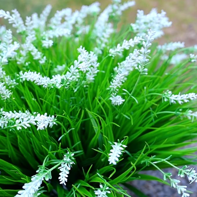 Yimingjin 12 Bundles Artificial Grass Fake Plants，Outdoor Fake Monkey Tail Grass with Flowers for Pot UV Resistant Lavender Patio Garden Porch Home Window Hanging Planter Decor Faux Shrubs(White)