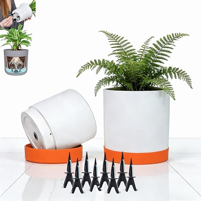 GreenShip Planter Set of 2 (10.3'' & 8.3'') – Dual-Use Self-Watering or Traditional Indoor Cylinder Flower Pots with Saucers & Side Drainage – Durable Lightweight Clay & Resin Blend (W/T)