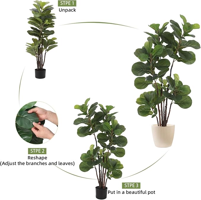 GlowSol Faux Fiddle Leaf Fig Tree, 4 Ft Artificial Ficus Lyrata Plant with 72 Fiddle Leaves, Fake Floor Plant in Pot for Indoor Outdoor Living Room House Office Bedroom Decor