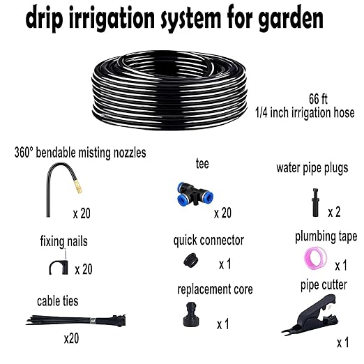 Drip Irrigation System for Garden, 66 ft Garden Watering System Drip Irrigation Kit, with 20pcs 360° Bending Mister Nozzles, for Lawn Yard Flower Green Houses Plants