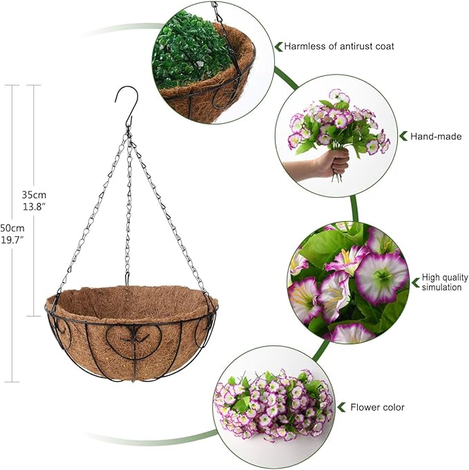Homsunny Artificial Hanging Flowers in Basket,12 inch Silk Flower Coconut Lining Hanging Baskets,Fake Hanging Plants in for Outdoors Courtyard Decor(Light Purple)