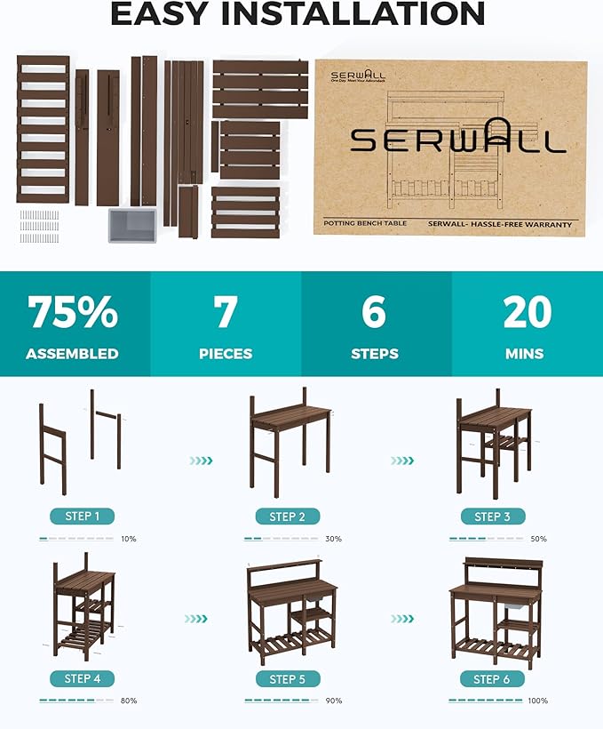 SERWALL Outdoor Potting Bench with Removeable Sink,Rot-Resistant HDPE Potting Table for Outside Gardening, All Weather Use - Coffee