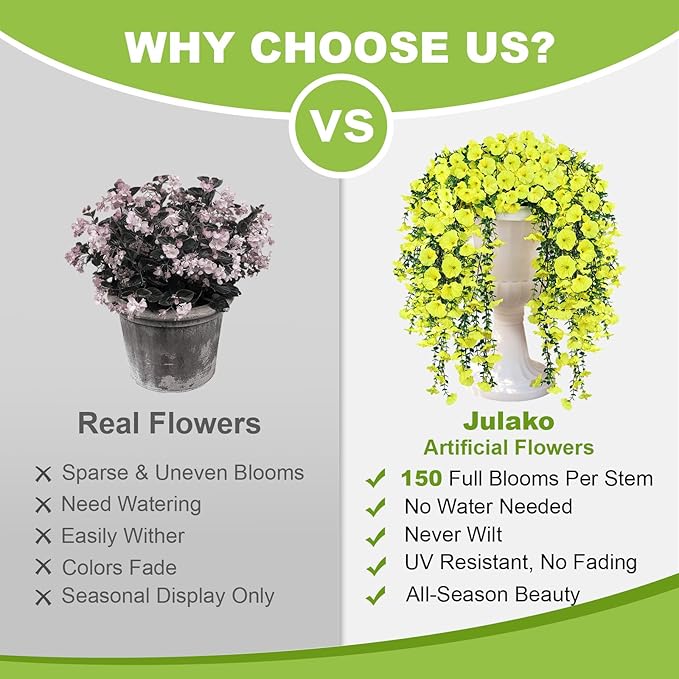 Artificial Hanging Flowers for Outdoors, 2 PCS 300 Blooms UV Resistant Morning Glory Faux Silk Vines, No-Odor Realistic Fake Plants for Garden Planter Porch Patio Decoration, Yellow