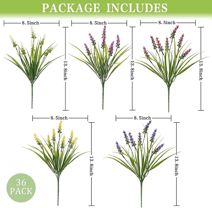 Waipfaru 36 Bundles Artificial Plants Outdoor,Fake Flowers UV Resistant Outdoor Fake Plants,Faux Lavender Shrubs for Window Garden Patio Hanging Planter Pathway Front Porch (Mix)