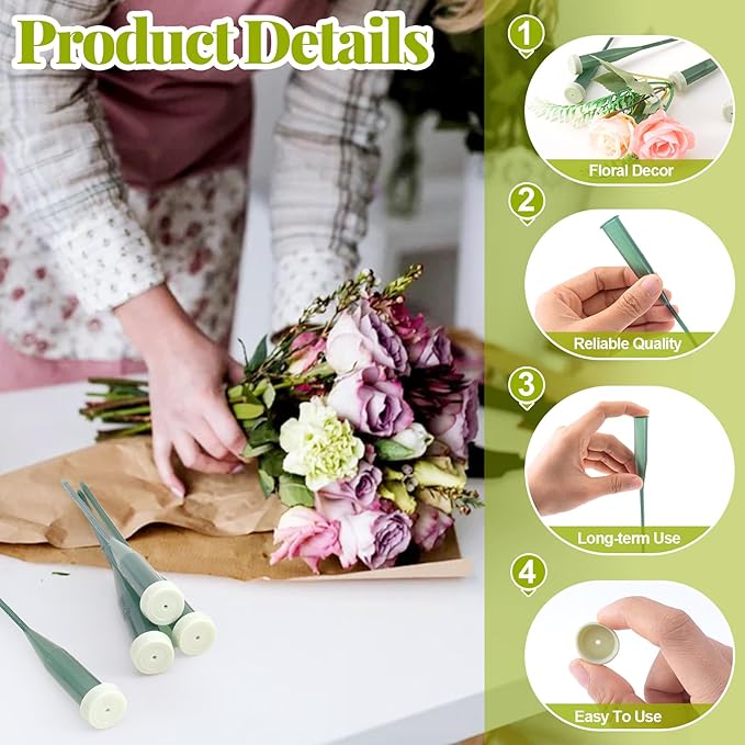 HINZIC 25pcs Flower Stem Water Tubes, 5.67 Inches Plastic Single Flower Water Tube Vials with Caps, Leakproof Floral Tubes for Fresh Flowers Wedding Bouquets Buds - Green