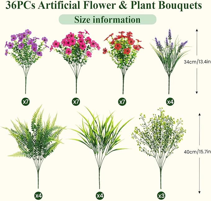 Alupssuc 36 Bundles Artificial Flowers for Outdoors Spring Planters Decoration, UV Resistant Faux Eucalyptus Violet and Lavender Silk Fake Plants for Outside Indoor Yard Home Patio Decor, Mix 3 Colors