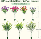Alupssuc 36 Bundles Artificial Flowers for Outdoors Spring Planters Decoration, UV Resistant Faux Eucalyptus Violet and Lavender Silk Fake Plants for Outside Indoor Yard Home Patio Decor, Mix 3 Colors