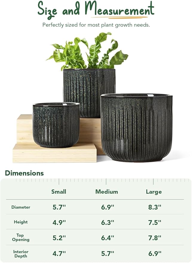 LE TAUCI Ceramic Pots for Plants, 8.3/7/6 Inch Indoor Planters with Drainage Holes & Mesh, Modern Glossy Glaze Cylinder Fluted Plant Pot for Snake Plant, Set of 3, Dark Olive