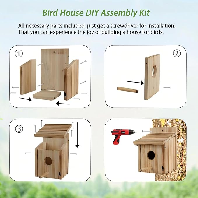 NATUREYLWL Outdoor Wooden Bird House, Birdhouse DIY Assembly Kit, Durable Bluebird Nesting Box with Cleaning Door, Weather-Resistant Garden Decor for Small Wild Birds