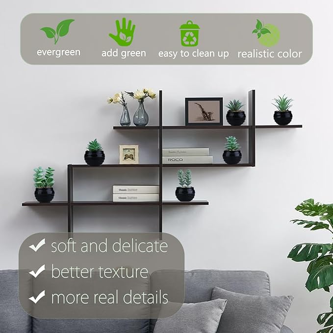 GREENTIME 6 Pcs Green Artificial Succulent Plants in Black Plastic Pots Mini Faux Succulent Plants Indoor Room Decor Aesthetic Bedroom Shelf Desk Bathroom Office Table Home Decoration