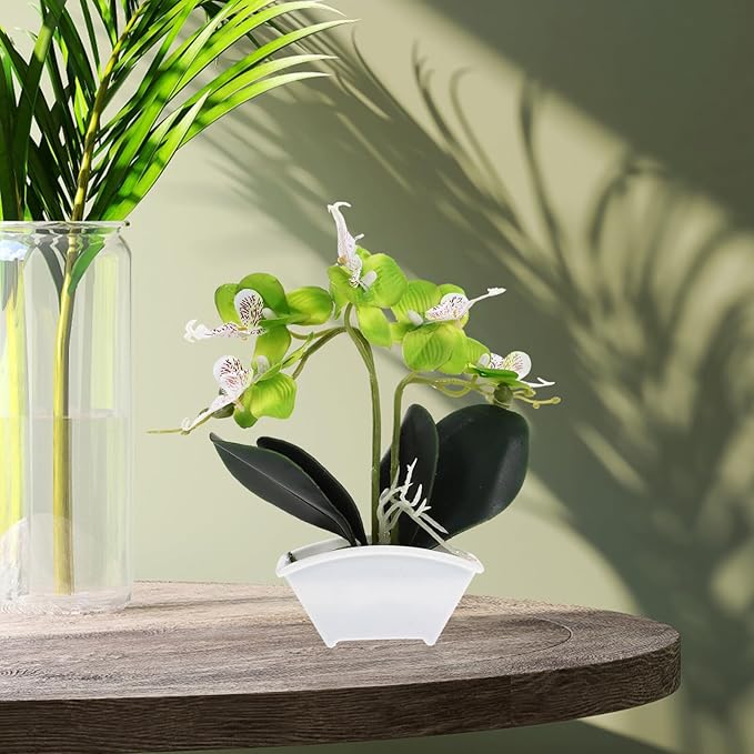 POPETPOP Artificial Orchid Flowers Mini Potted: Artificial Orchid in Pot Faux Orchid in Ceramic Vase Fake Flowers Arrangement Centerpiece Table Decorations for Home Office Green