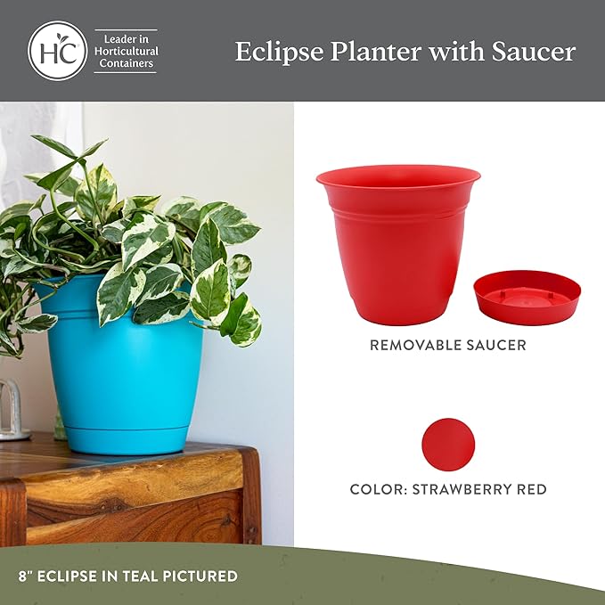 The HC Companies 16 Inch Eclipse Round Planter Pots with Drainage Holes & Attached Saucer, Lightweight UV-Resistant Plastic Indoor & Outdoor Planters, 2-Pack Flower Pots for Garden & Home Decor, Red