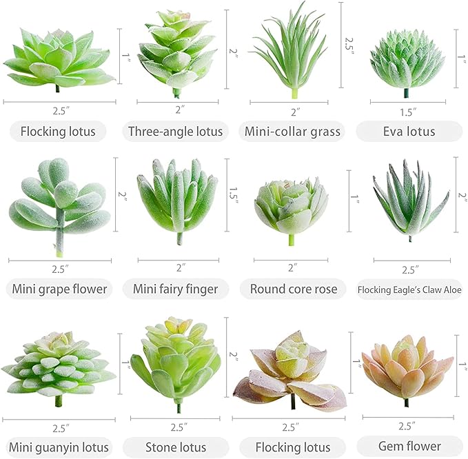 HappyHapi 12 Pcs Artificial Succulents Mini Fake Plants Unpotted Faux Succulent for Craft, Small Plastic Succulents Assortment in Flocked Green Floral Decor for Party, Cake, Garden & Outdoor