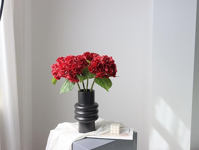 Buart 4PCS Long Stem Big Size Flowers Artificial Silk Hydrangea Lifelike Flowers Real Touch Red Artificial Flowers Wedding Shower Bride Bouquets Office Living Room Table Decorations (21 Inch)