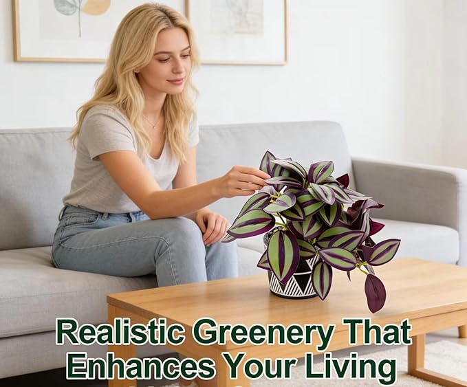 7" Artificial Tradescantia Zebrina Plant in Geometric Ceramic Pot, Lifelike Purple Variegated Vine 8" Wide Faux Indoor Plant for Home Office Desk Shelf Bathroom Decor