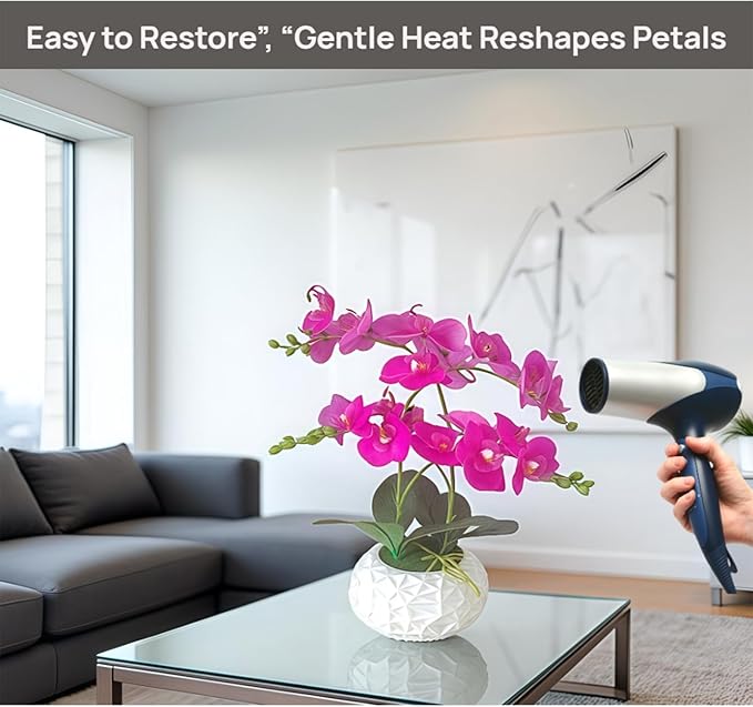 Artificial Orchid with 3D Printed Vase, 24 Stems Realistic Fake Phalaenopsis, Adjustable Silk Flowers for Home Decor, Wedding Table Centerpieces, 20 Inches Tall, Dark Purple