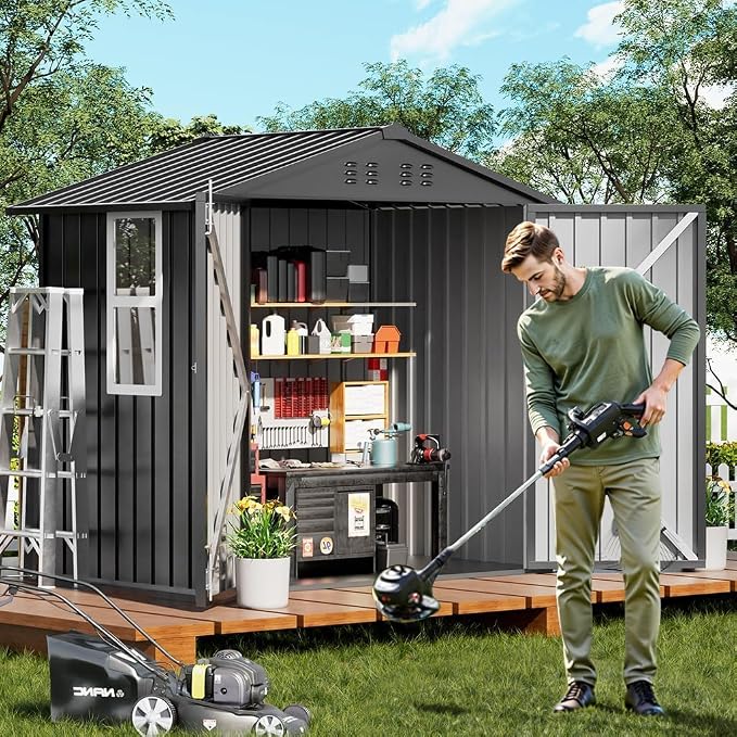 COMHOMA Shed Storage Outdoor Metal Windowed Lockable Garden Toolhouse Weatherproof Ventilated Backyard Utility Workshop(Grey,6'x4')