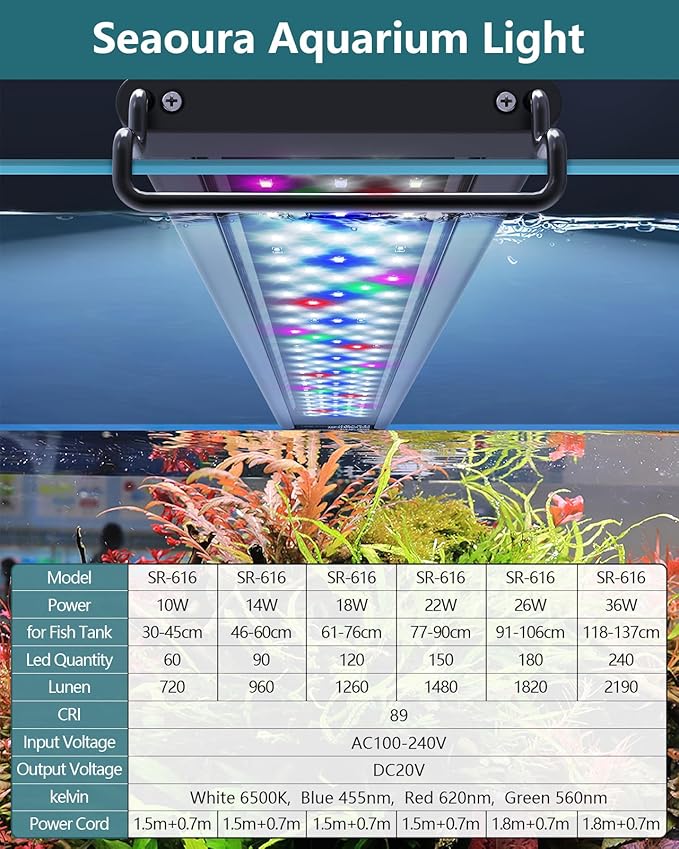SEAOURA Led Aquarium Light for Plants-Full Spectrum Fish Tank Light with Timer Auto On/Off, 24-30 Inch, Adjustable Brightness, White Blue Red Green Pink LEDs with Extendable Brackets for Freshwater