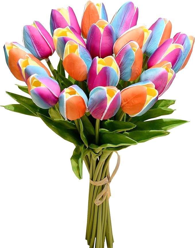 Mandy's Rainbow Orange Artificial Tulips Flowers Centerpiece, 13.5" Lifelike PU Fake Floral Stems 20pcs for Kitchen Island & Dining Table, Spring Decor for Easter