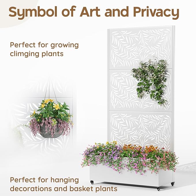 Metal Planter Box with Trellis,72"x35"x15",Galvanized Raised Garden Bed Trellis Outdoor Planter with Privacy Screen & Wheels and Drainage Holes,for Patio Climbing Vegetables,Flowers,Vines,White