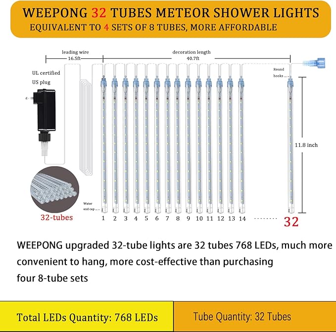 Weepong Christmas Lights Outdoor 32 Tubes 768 LEDs Meteor Shower Lights UL Certified Snow Falling Rain Drop Icicle String Light for Xmas Tree Halloween Decorations Wedding Party Garden Decor, Blue