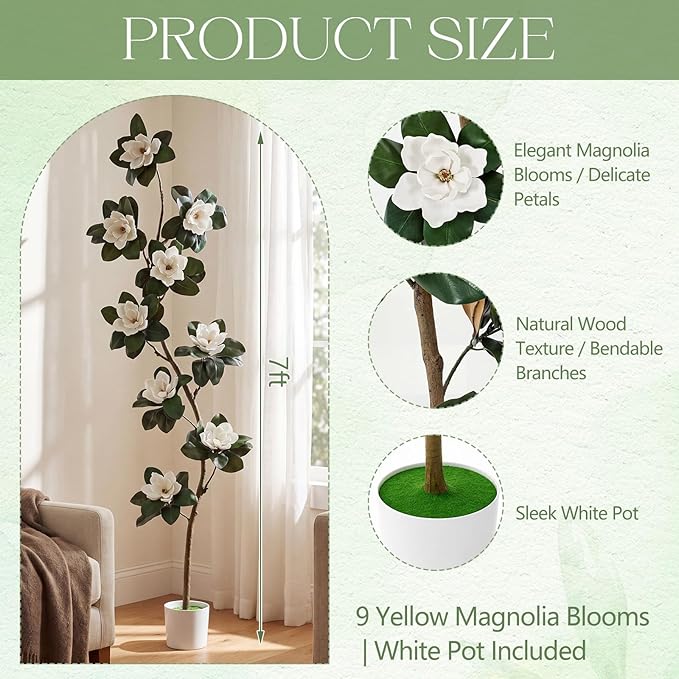 Jexine 7 ft Artificial Rubber Tree with 9 Magnolia Flowers in Pot Extra Tall Faux Magnolia Tree Fake Plant Indoor Floor Plant for Indoor Living Room Office Home Decor