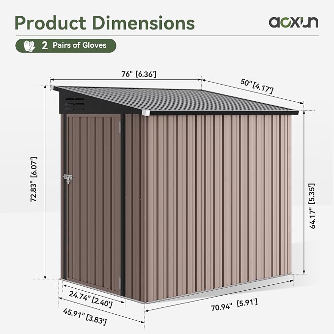 Aoxun 6' x 4' Lean to Shed Outdoor Steel Garden Utility Cabinet with Lockable Door Waterproof & Rust-Proof for Yard, Patio, Backyard (Brown)