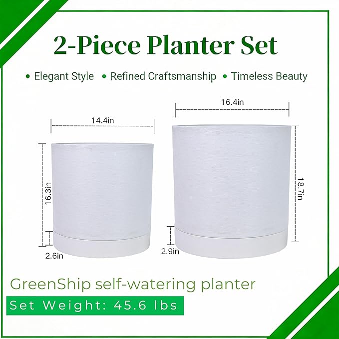 GreenShip Planter Set of 2 (13.8" & 11.8") – Cylinder Planters with Drainage Hole and Planter Saucer, Jun Porcelain Clay & Recycled Resin, Decorate Home,Office & Outdoor,White pots