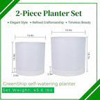 GreenShip Planter Set of 2 (13.8" & 11.8") – Cylinder Planters with Drainage Hole and Planter Saucer, Jun Porcelain Clay & Recycled Resin, Decorate Home,Office & Outdoor,White pots