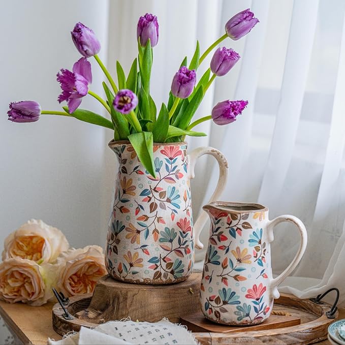 Vintage Colorful Flower Ceramic Vase with Handle, Retro Ice Glazed Crack Farmhouse Pitcher Vase for Home Decor, Living Room, Shelf, Office, Rustic Table Centerpiece 9 Inch